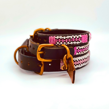 Pink dog collar Beaded pink dog collar Leather dog collar Isla Tribes dog collar Sustainable leather Pet supplies Pet products Shop pet products Shop dog Collars Maasai dog collars Beaded dog collars